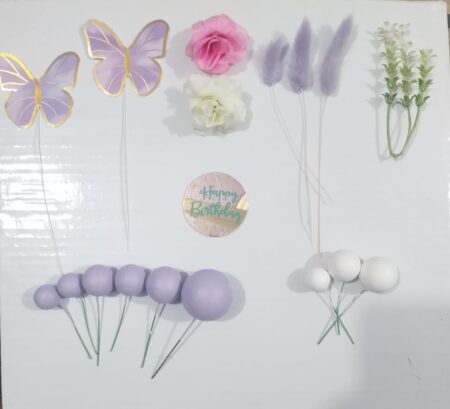 Purple Faux Ball Cake Topper Set with Butterflies & Flowers