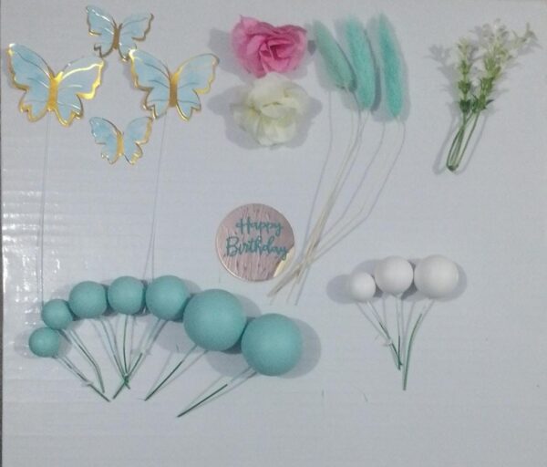 Teal Faux Ball Cake Topper Set with Butterflies & Flowers