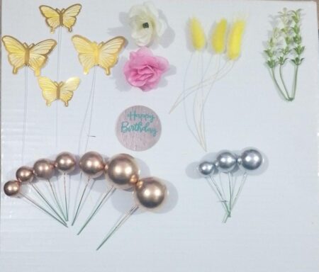 Gold Faux Ball Cake Topper Set with Butterflies & Flowers