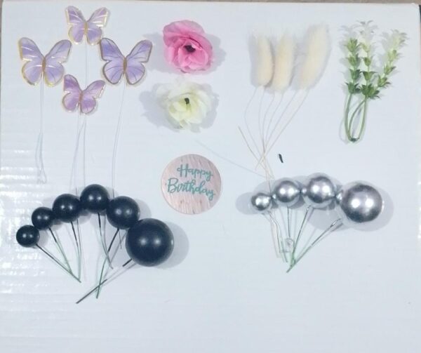 Black Faux Ball Cake Topper Set with Butterflies & Flowers
