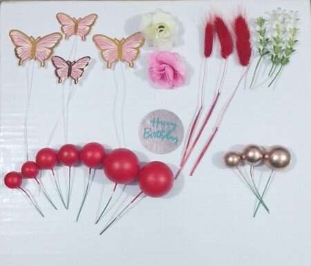 Red Faux Ball Cake Topper Set with Butterflies & Flowers