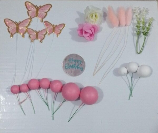 Pink Faux Ball Cake Topper Set with Butterflies & Flowers