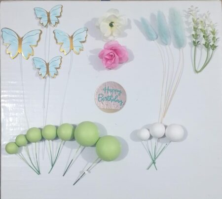 Green Faux Ball Cake Topper Set with Butterflies & Flowers