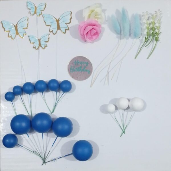 Blue Faux Ball Cake Topper Set with Butterflies & Flowers