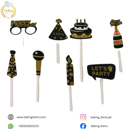Black & Gold Birthday Theme Cake & Cupcake Toppers (Pack of 8)